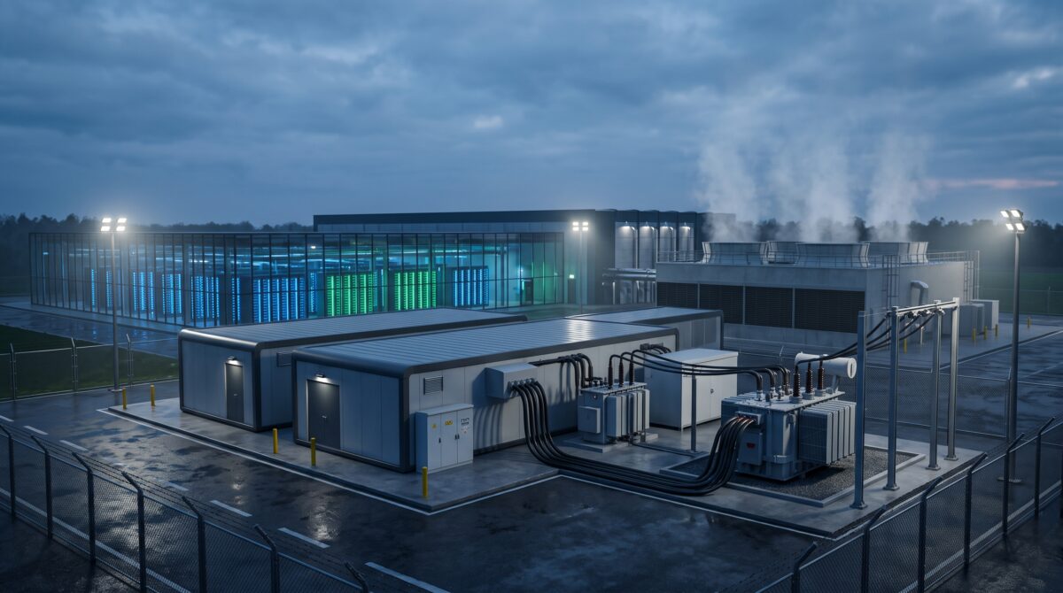 A compact micro modular nuclear reactor installation co-located directly beside a hyperscale AI data center facility to deliver dedicated on-site baseload power.