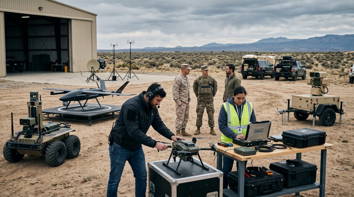 Defense technology engineers, civilian technicians, and military personnel conducting field tests of autonomous drones and unmanned ground vehicles on an outdoor military range, showcasing the software and startup-driven shift in national defense.
