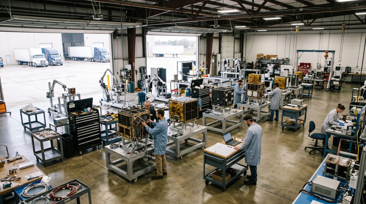Aerospace technicians and engineers in protective cleanroom coats wiring and assembling modular commercial satellites inside an open manufacturing hangar facility